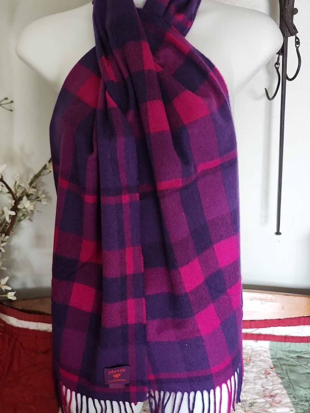 Phenix Cashmere Plaid Fringe Scarf in Purple & Magenta